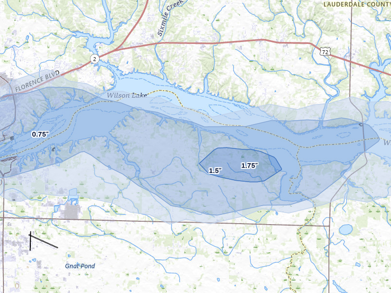 NEXRAD radar-signature map of the hail storm over Muscle Shoals, AL on Aug 20, 2026