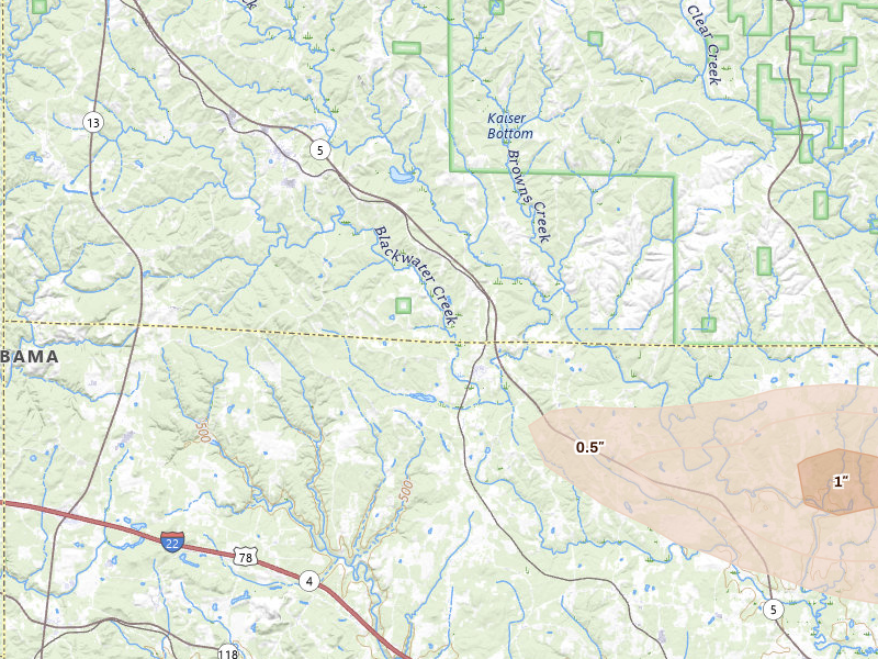 Radar-estimated hail-size map of the storm over Nauvoo, AL on Feb 26, 2026
