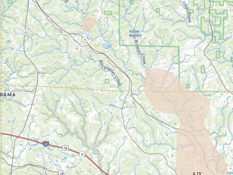 Radar-estimated hail-size map of the storm over Nauvoo, AL on May 31, 2026
