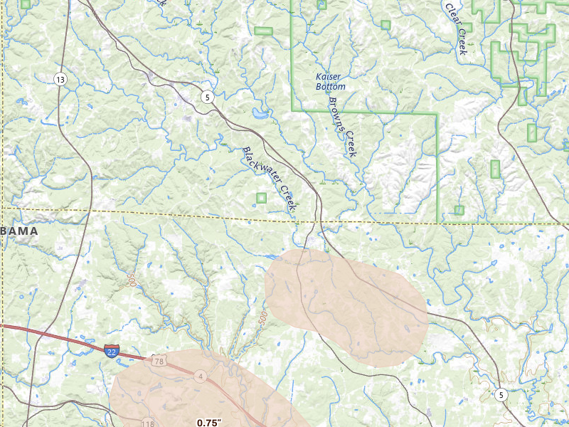 Radar-estimated hail-size map of the storm over Nauvoo, AL on Jun 1, 2026