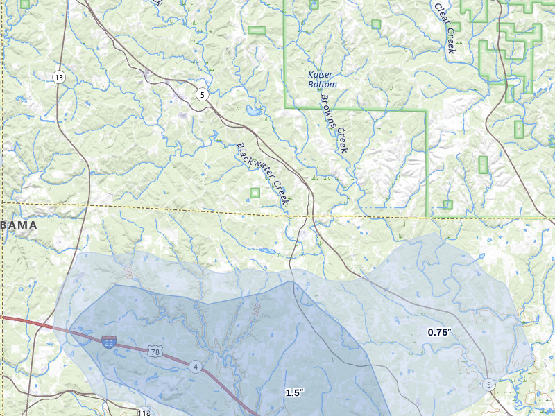NEXRAD radar-signature map of the hail storm over Nauvoo, AL on Jun 1, 2026