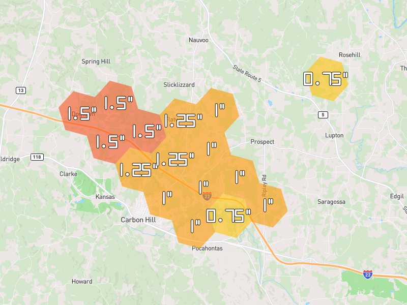 Hail map of Nauvoo, AL on Jun 1, 2026, hail up to 1.5"