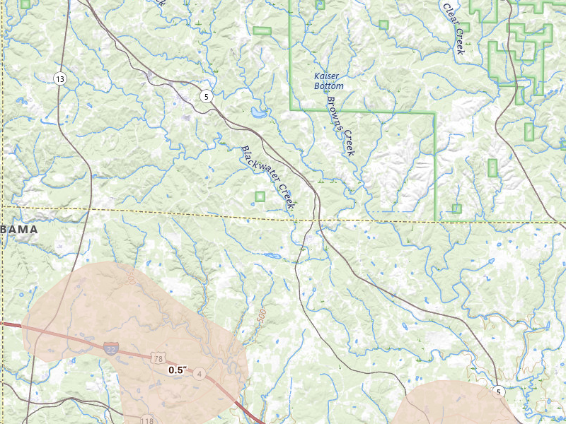 Radar-estimated hail-size map of the storm over Nauvoo, AL on Jul 1, 2026