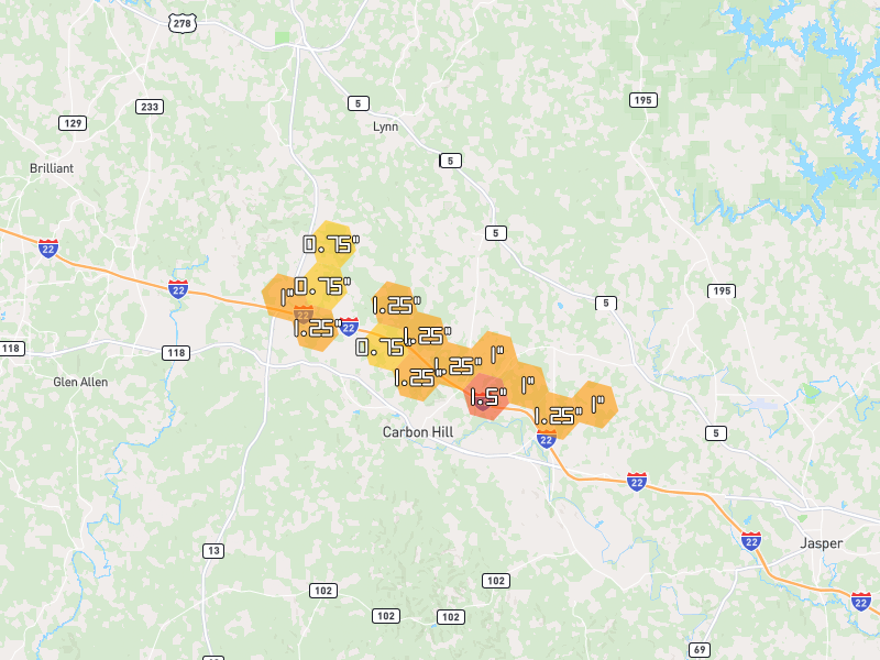 Hail map of Nauvoo, AL on Jul 1, 2026, hail up to 1.5"