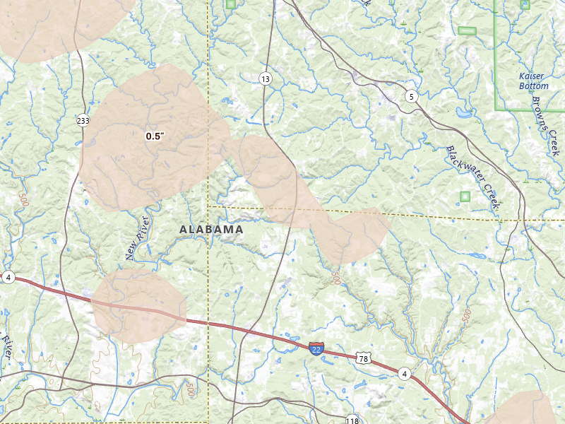 Radar-estimated hail-size map of the storm over Nauvoo, AL on Aug 22, 2026