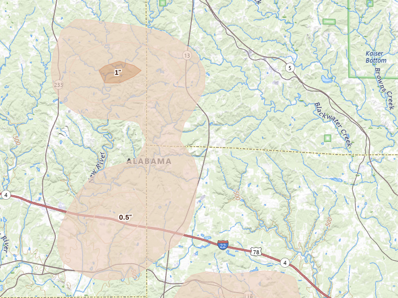 Radar-estimated hail-size map of the storm over Nauvoo, AL on Aug 26, 2026