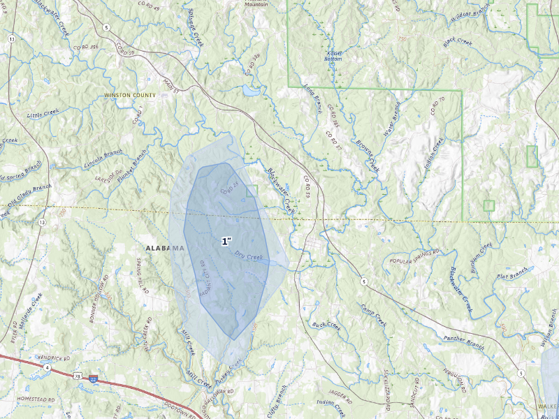 NEXRAD radar-signature map of the hail storm over Nauvoo, AL on Sep 6, 2026