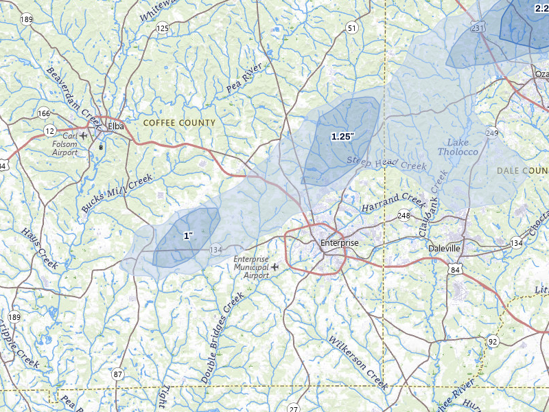 NEXRAD radar-signature map of the hail over New Brockton, AL