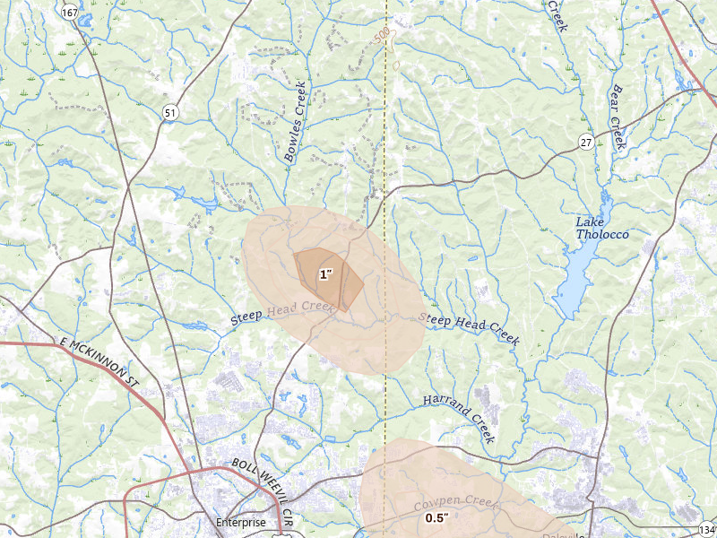 Radar-estimated hail-size map of the storm over New Brockton, AL on Aug 12, 2026