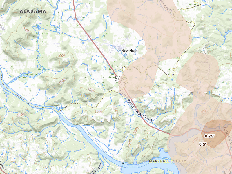 Radar-estimated hail-size map of the storm over New Hope, AL on Jul 1, 2026