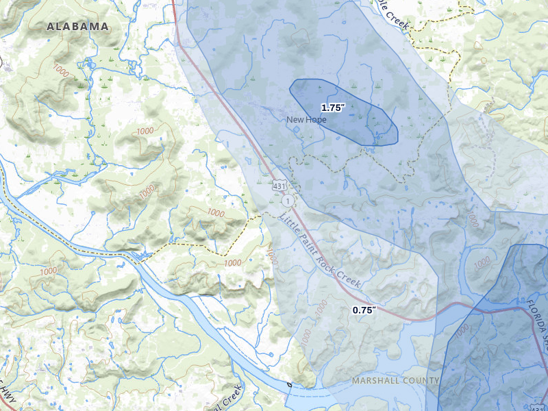 NEXRAD radar-signature map of the hail over New Hope, AL