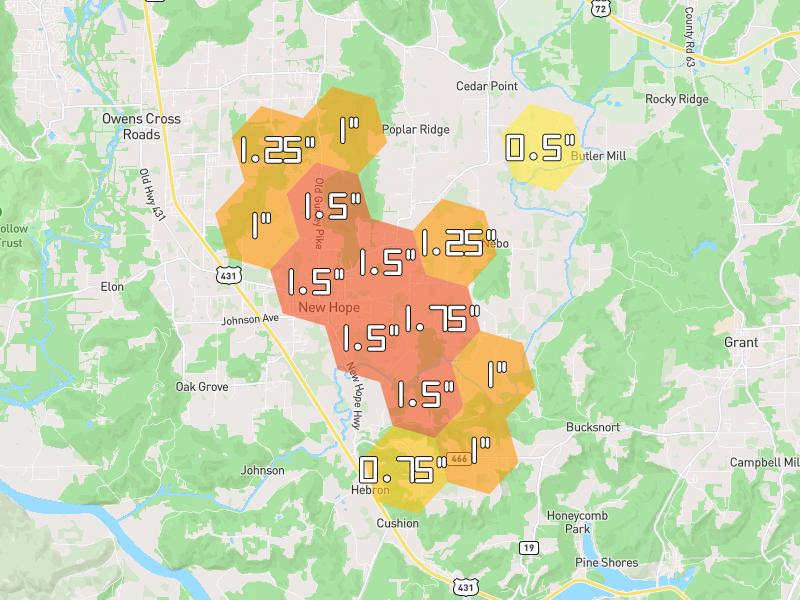 Hail map of New Hope, AL on Jul 2, 2026, hail up to 1.75"