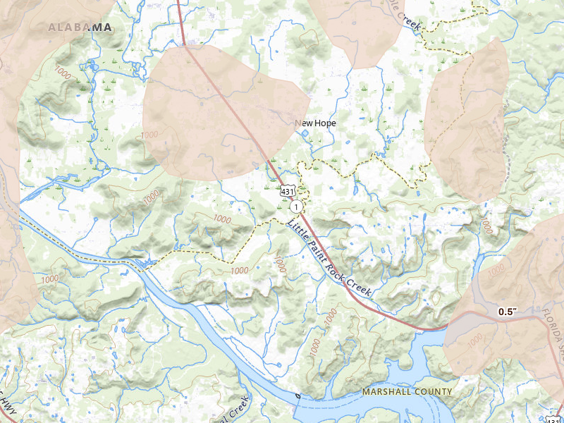Radar-estimated hail-size map of the storm over New Hope, AL on Aug 20, 2026