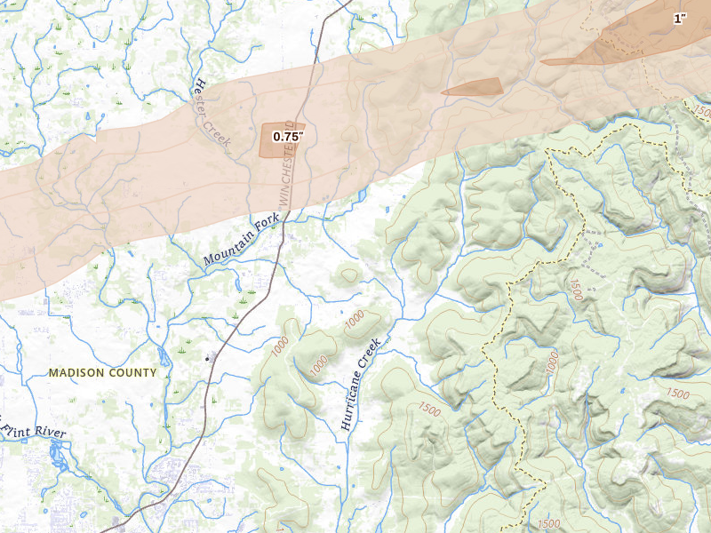 Radar-estimated hail-size map of the storm over New Market, AL on Feb 26, 2026