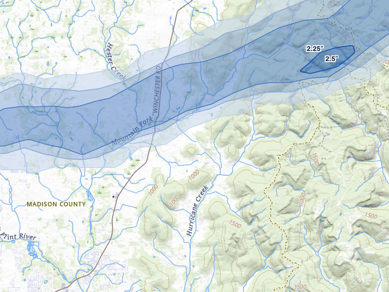 NEXRAD radar-signature map of the hail over New Market, AL