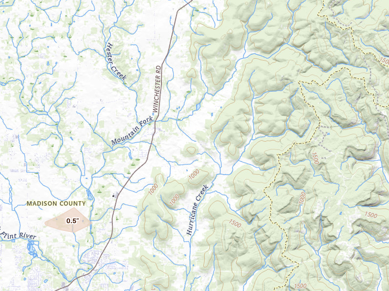 Radar-estimated hail-size map of the storm over New Market, AL on Jul 1, 2026