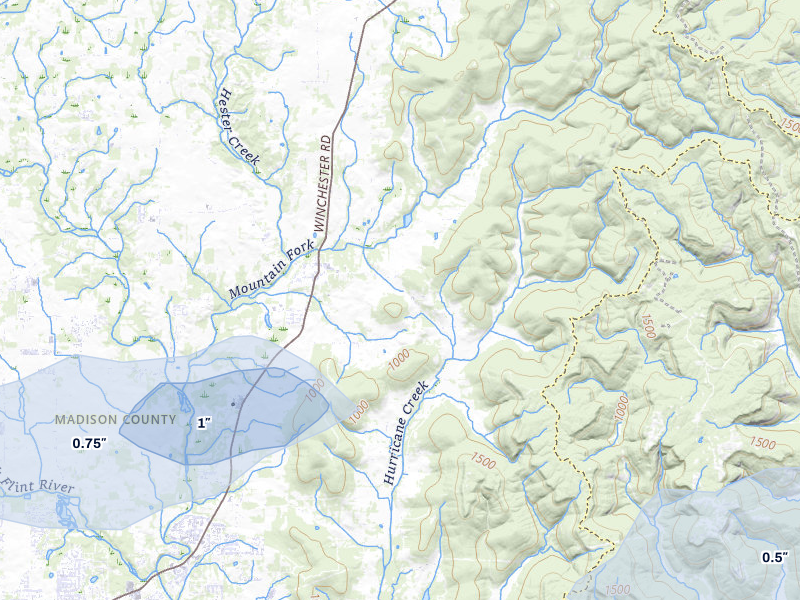 NEXRAD radar-signature map of the hail storm over New Market, AL on Jul 1, 2026