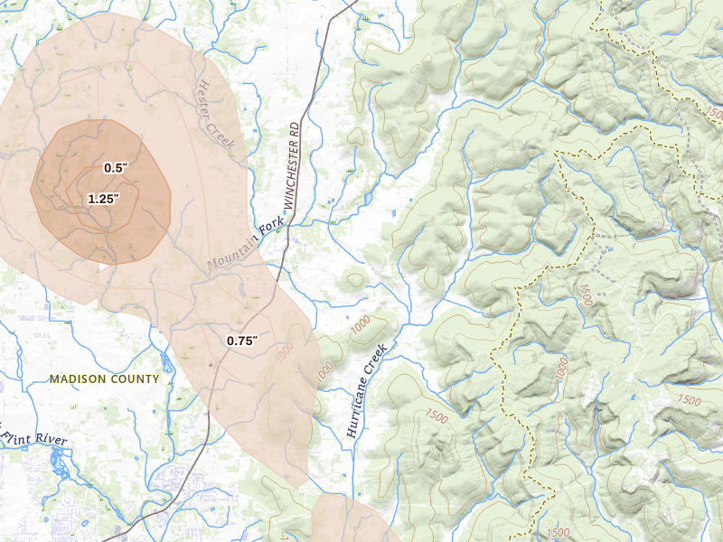Radar-estimated hail-size map of the storm over New Market, AL on Jul 3, 2026