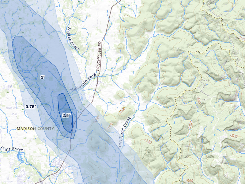 NEXRAD radar-signature map of the hail storm over New Market, AL on Jul 3, 2026