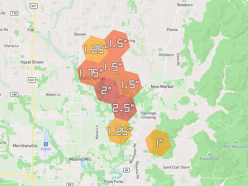 Hail map of New Market, AL on Jul 3, 2026, hail up to 2.5"