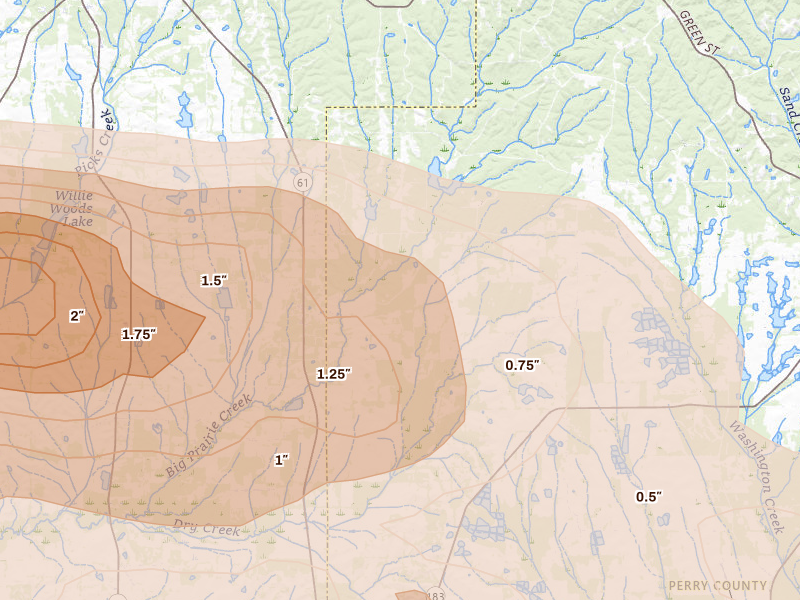 Radar-estimated hail-size map of the storm over Newbern, AL on May 6, 2026