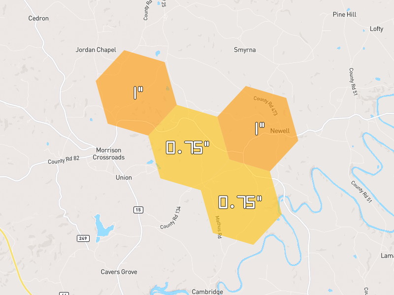 Hail map of Newell, AL on Jun 1, 2026, hail up to 1"