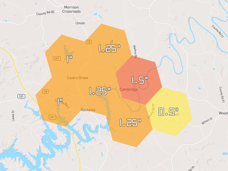 Hail map of Newell, AL on Jul 1, 2026, hail up to 1.5"