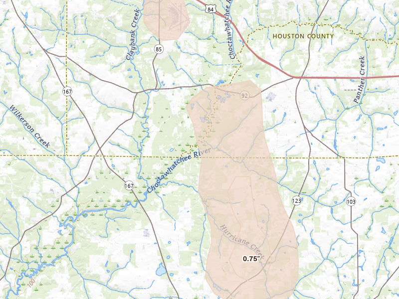 Radar-estimated hail-size map of the storm over Newton, AL on Aug 12, 2026