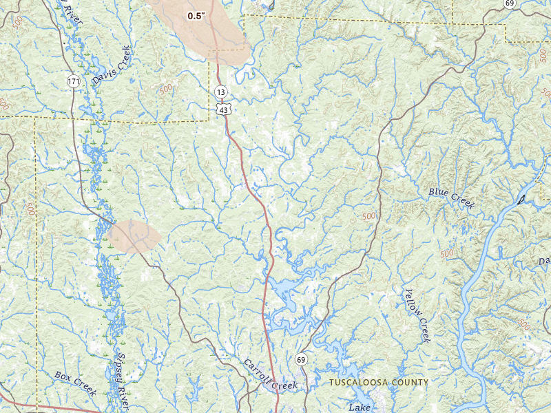 Radar-estimated hail-size map of the storm over Northport, AL on Feb 26, 2026