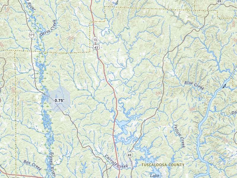 NEXRAD radar-signature map of the hail over Northport, AL