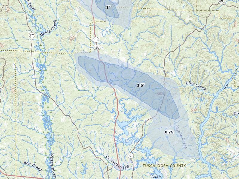NEXRAD radar-signature map of the hail storm over Northport, AL on Jun 1, 2026