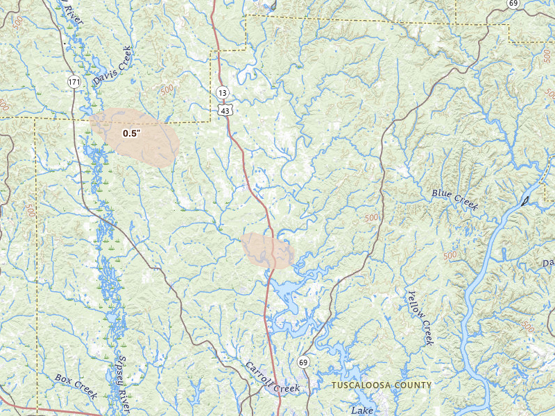 Radar-estimated hail-size map of the storm over Northport, AL on Jun 12, 2026