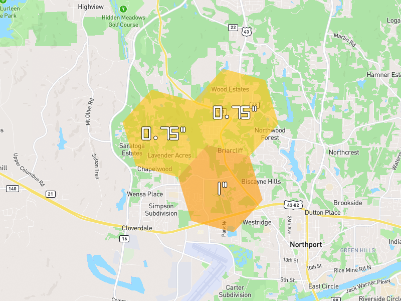 Hail map of Northport, AL on Jul 2, 2026, hail up to 1"
