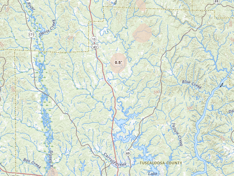 Radar-estimated hail-size map of the storm over Northport, AL on Jul 3, 2026