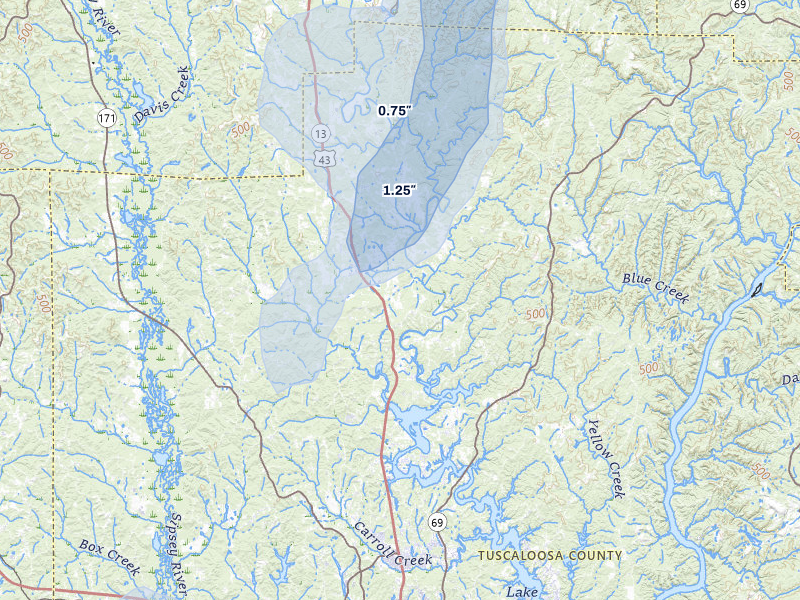 NEXRAD radar-signature map of the hail storm over Northport, AL on Jul 3, 2026