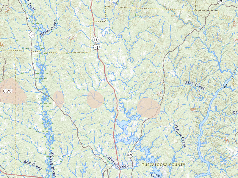 Radar-estimated hail-size map of the storm over Northport, AL on Jul 9, 2026