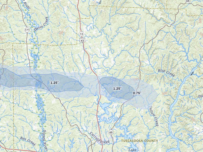 NEXRAD radar-signature map of the hail storm over Northport, AL on Jul 9, 2026
