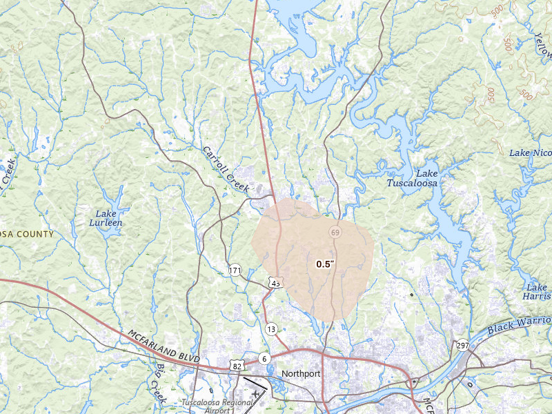 Radar-estimated hail-size map of the storm over Northport, AL on Aug 9, 2026