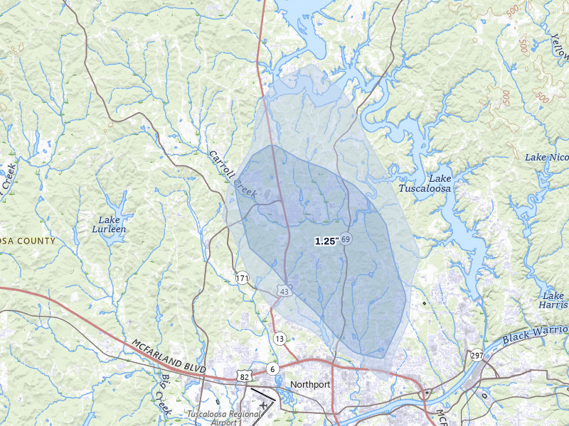 NEXRAD radar-signature map of the hail storm over Northport, AL on Aug 9, 2026