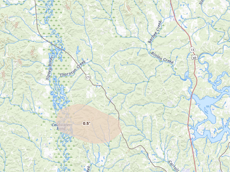Radar-estimated hail-size map of the storm over Northport, AL on Aug 26, 2026