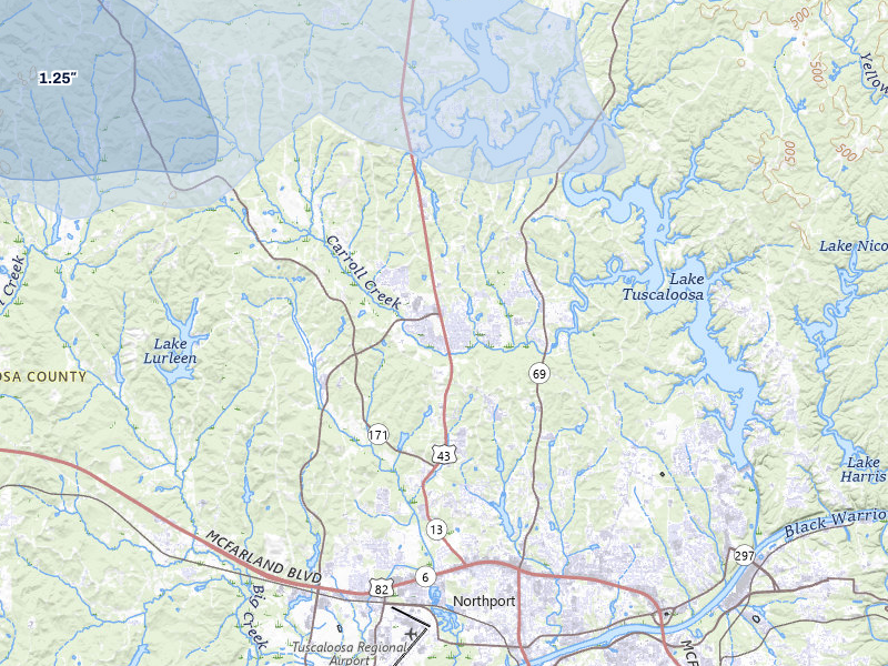 NEXRAD radar-signature map of the hail storm over Northport, AL on Aug 26, 2026
