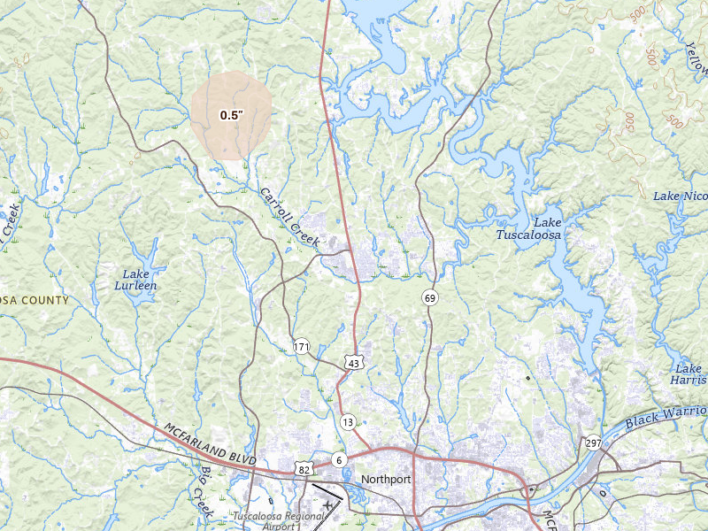 Radar-estimated hail-size map of the storm over Northport, AL on Sep 3, 2026