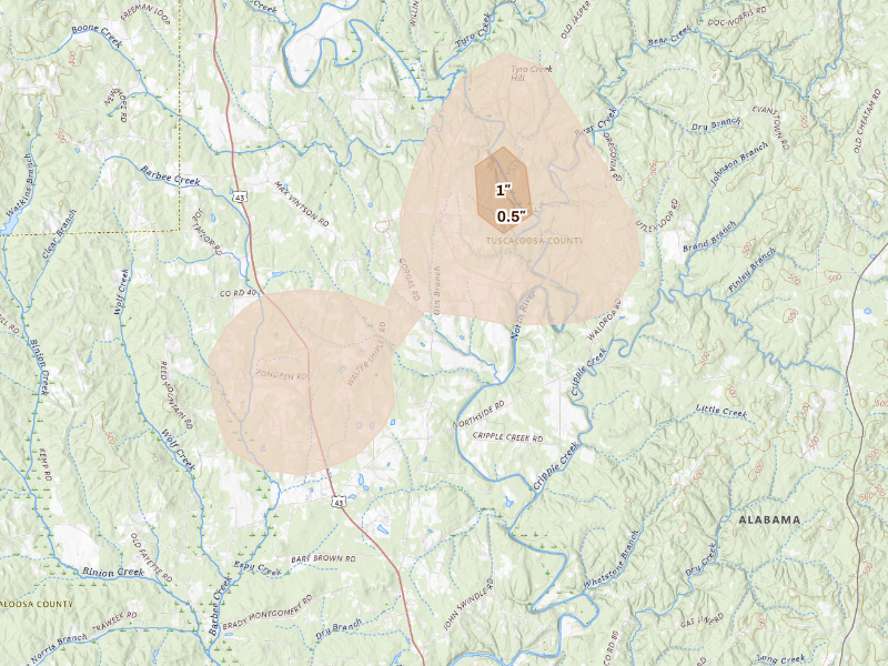 Radar-estimated hail-size map of the storm over Northport, AL