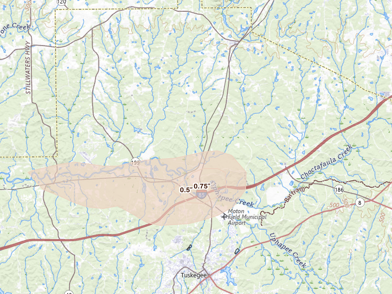 Radar-estimated hail-size map of the storm over Notasulga, AL on Jun 30, 2026