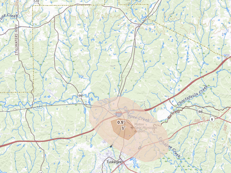 Radar-estimated hail-size map of the storm over Notasulga, AL on Aug 11, 2026