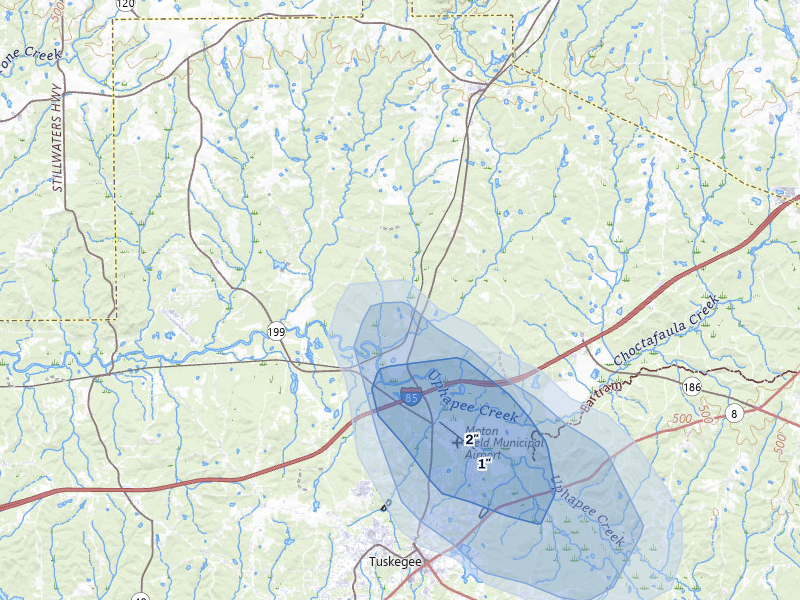 NEXRAD radar-signature map of the hail storm over Notasulga, AL on Aug 11, 2026