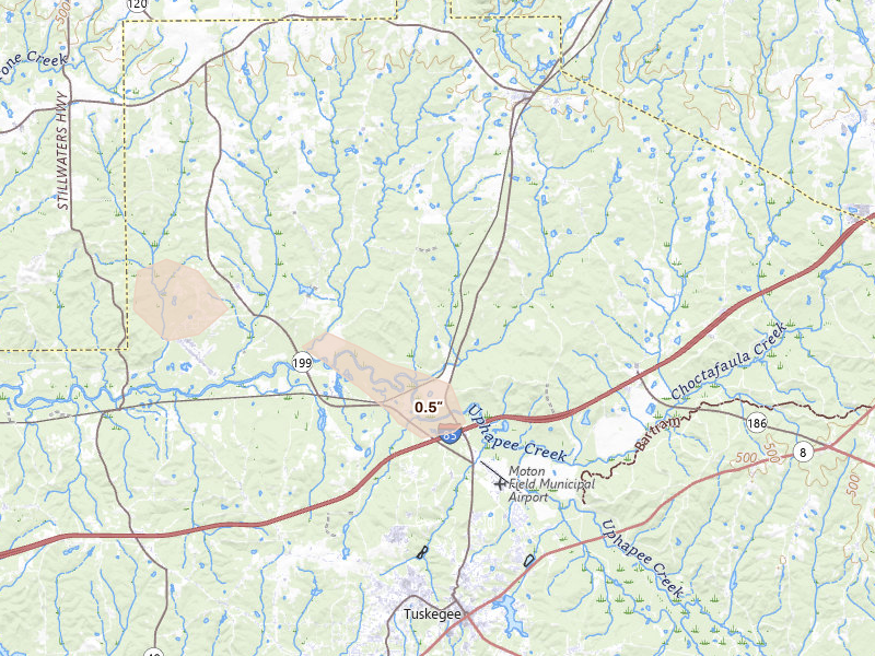 Radar-estimated hail-size map of the storm over Notasulga, AL on Aug 12, 2026