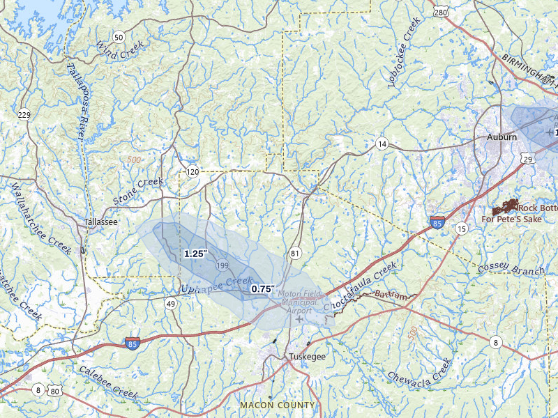 NEXRAD radar-signature map of the hail storm over Notasulga, AL on Aug 12, 2026