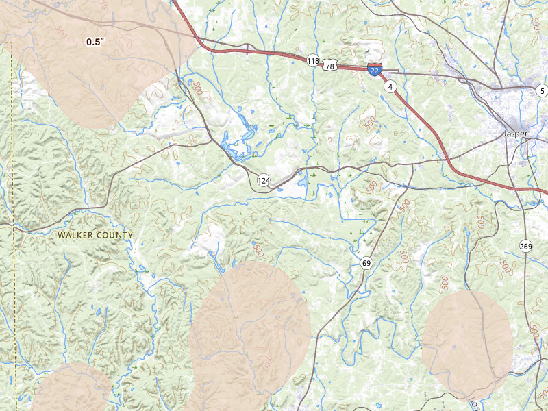 Radar-estimated hail-size map of the storm over Oakman, AL on Jun 1, 2026