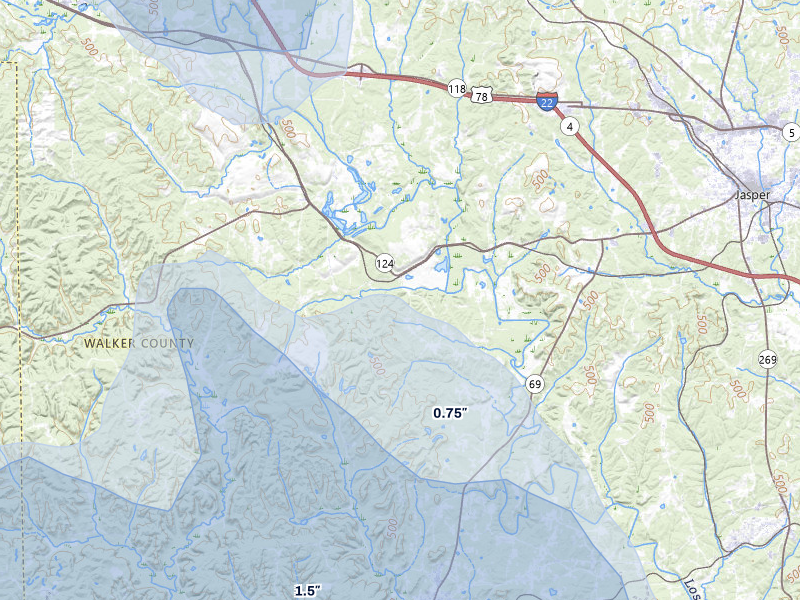NEXRAD radar-signature map of the hail over Oakman, AL